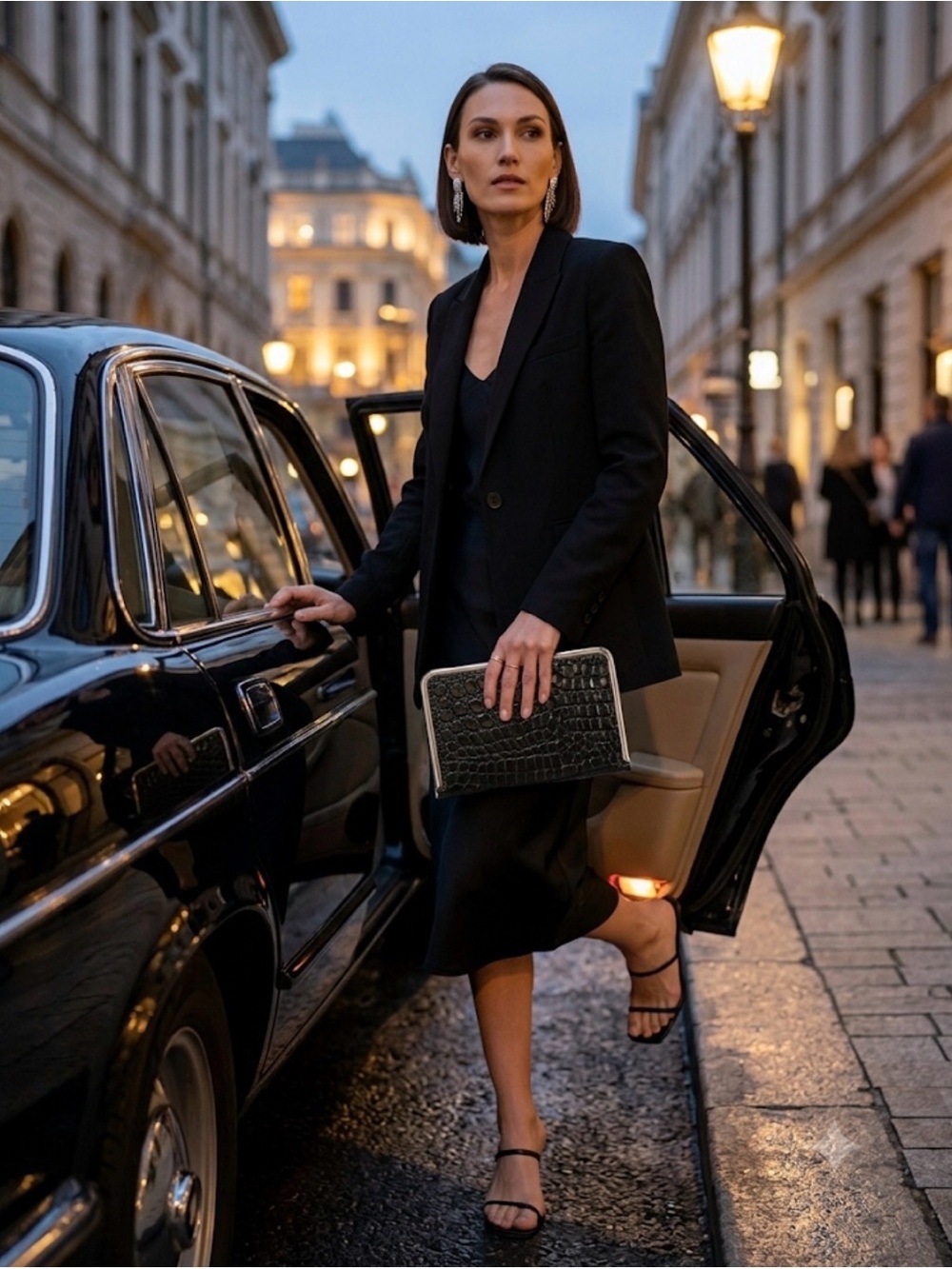 Black Croc-Embossed Snap Clutch with Silver Trim